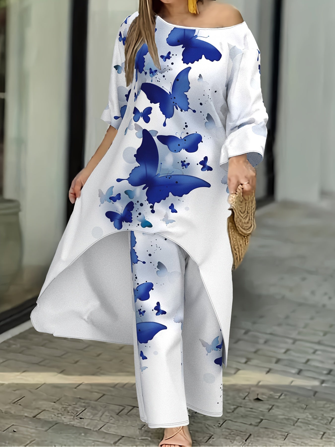 Tagged Women's Clothing, Vacation Style, Butterfly Pattern, Pants Set, Elastic Waist Pants, Long Design Top, Woven Print Pattern